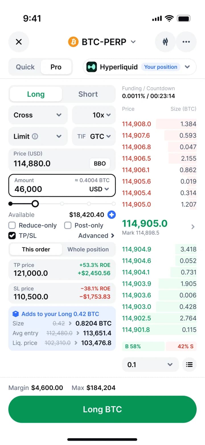 Prow pro trade ticket on iPhone with order book, TP and SL